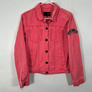 Hurley Denim Jean Jacket Womens Size Medium Hot Pink Button Front Embroidered